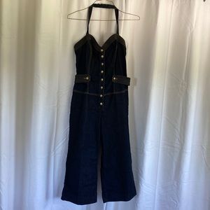Bisou Bisou denim halter wide leg capri jumpsuit. Size L